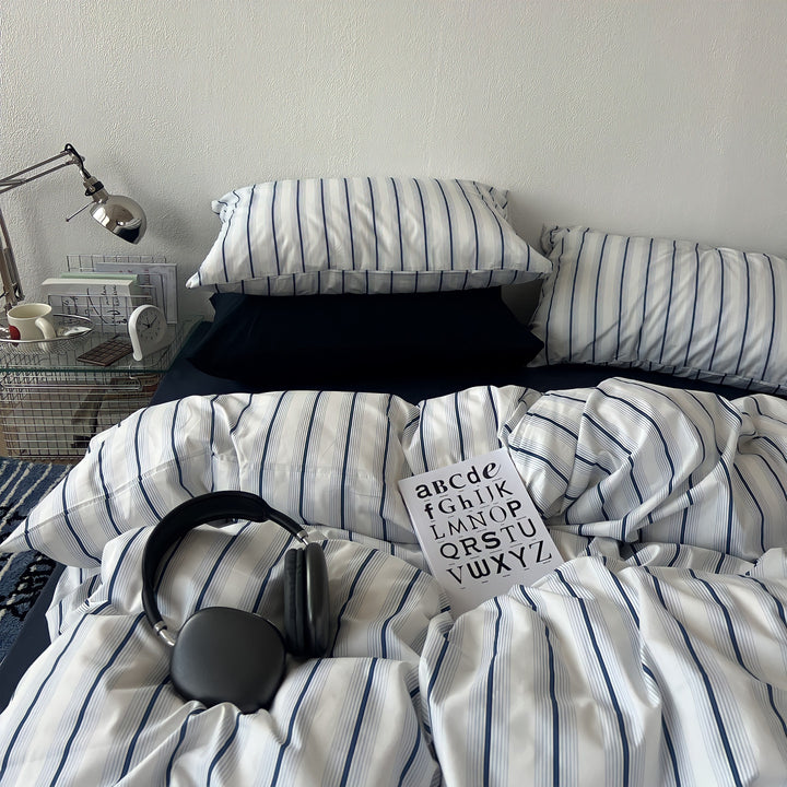 Repeat Pinstripe Pure Cotton Bedding Set - Navy