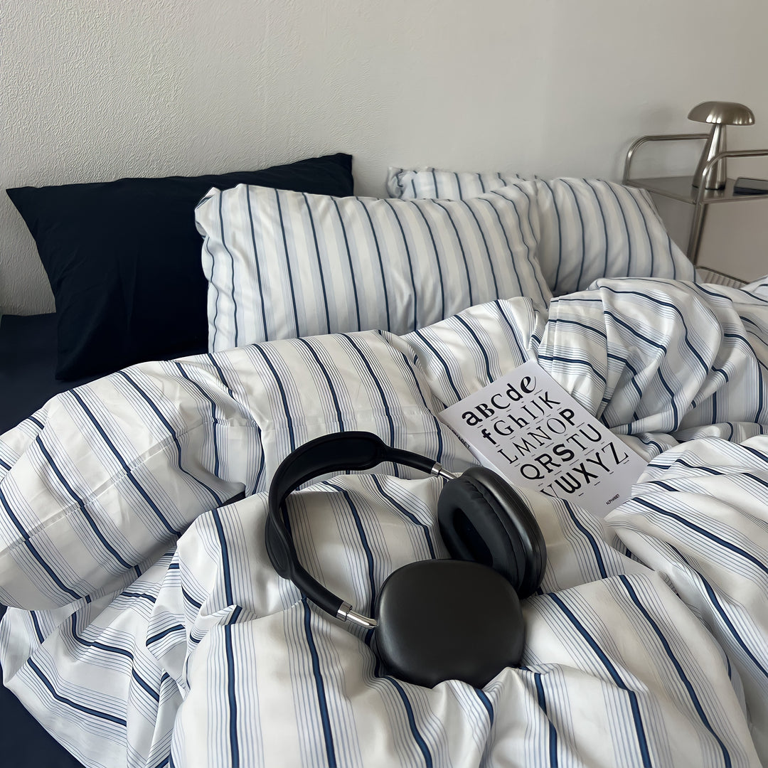 Repeat Pinstripe Pure Cotton Bedding Set - Navy