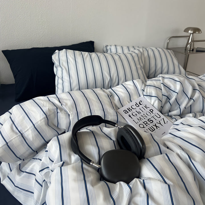 Repeat Pinstripe Pure Cotton Bedding Set - Navy