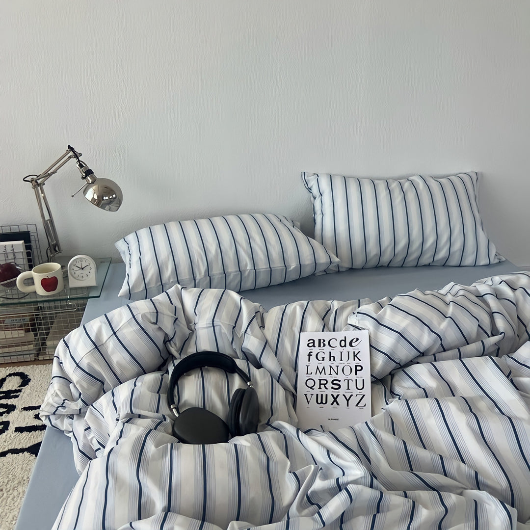Repeat Line Stripe Pure Cotton Bedding Set - Light Blue