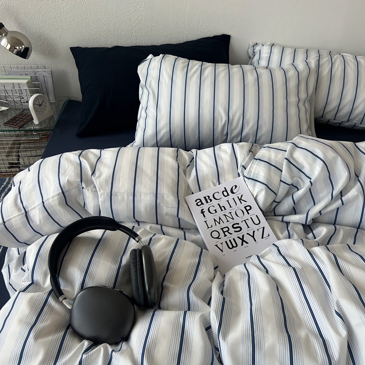 Repeat Pinstripe Pure Cotton Bedding Set - Navy