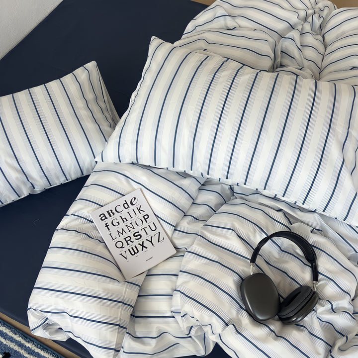 Repeat Pinstripe Pure Cotton Bedding Set - Navy