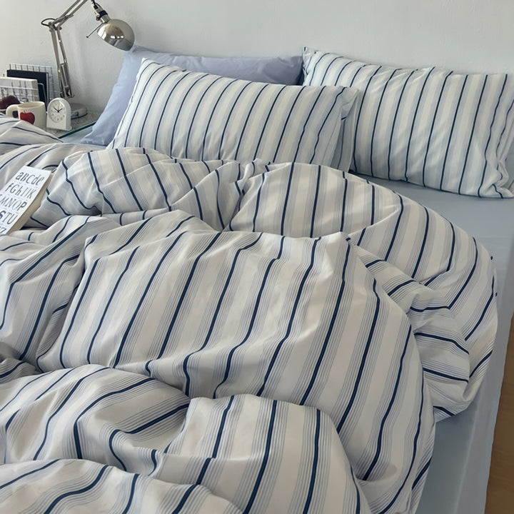 Repeat Line Stripe Pure Cotton Bedding Set - Light Blue