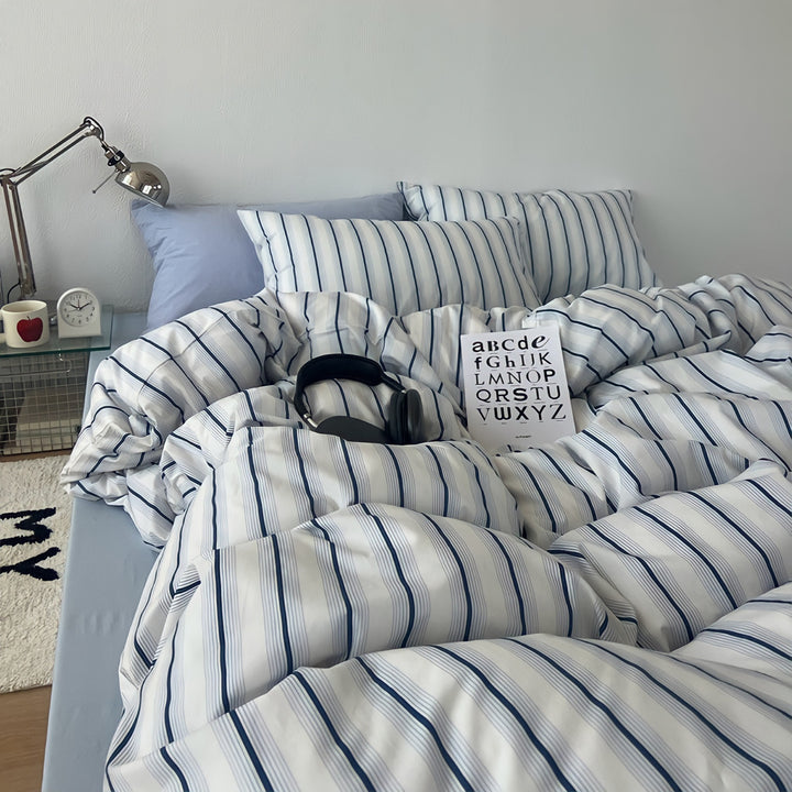 Repeat Line Stripe Pure Cotton Bedding Set - Light Blue