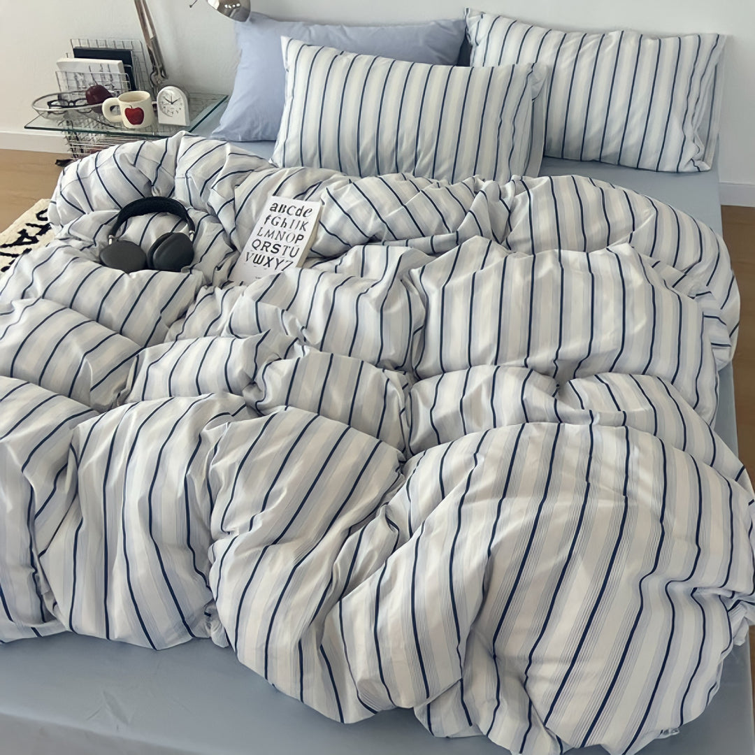 Repeat Line Stripe Pure Cotton Bedding Set - Light Blue