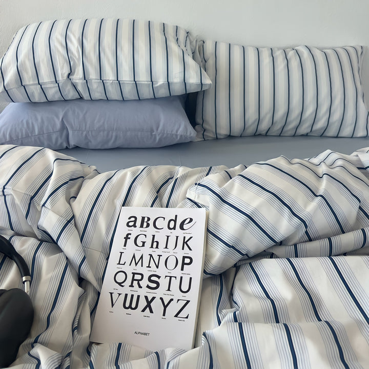 Repeat Line Stripe Pure Cotton Bedding Set - Light Blue