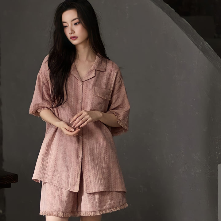 Pink Pure Cotton Gauze Pajamas with Cups