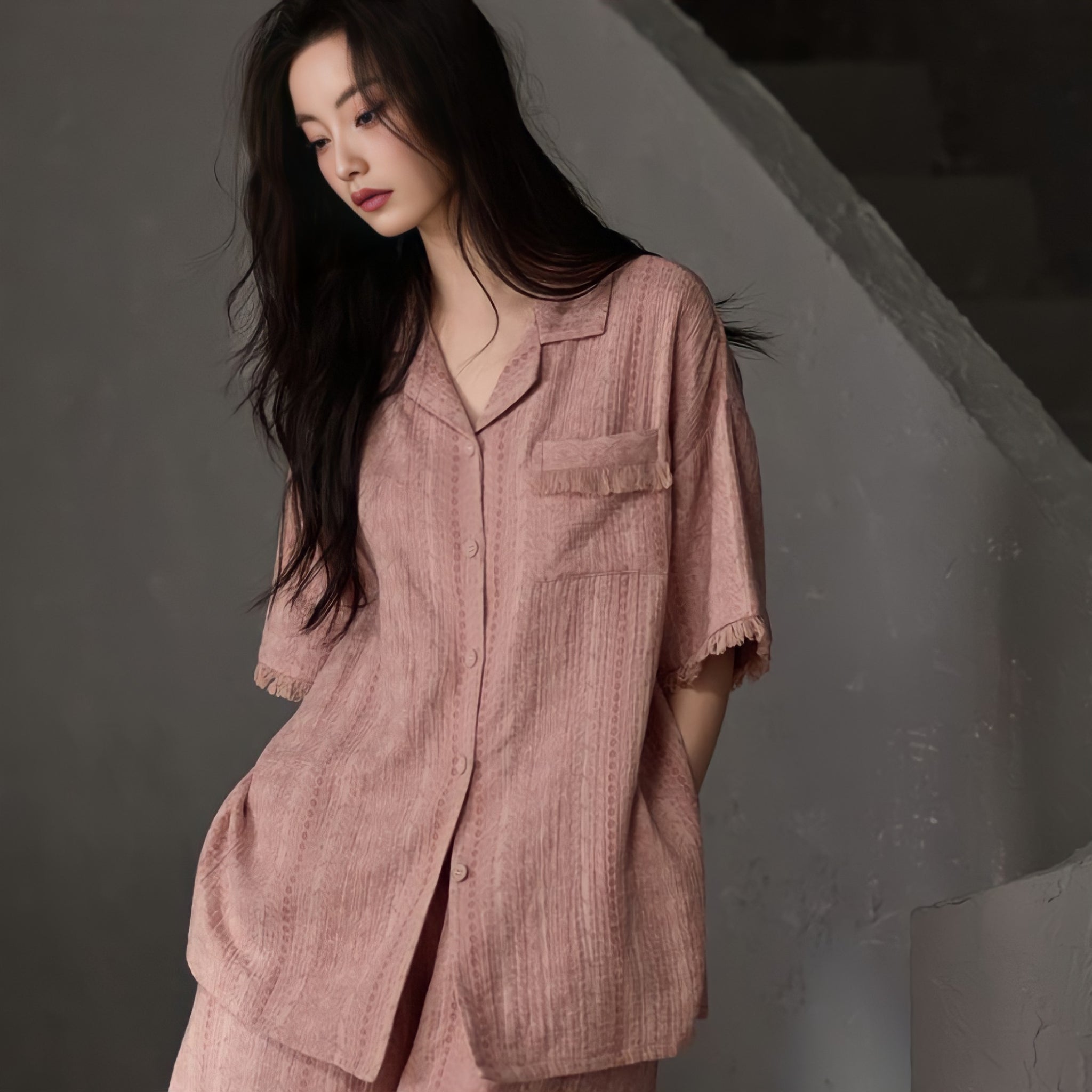 Pink Pure Cotton Gauze Pajamas with Cups