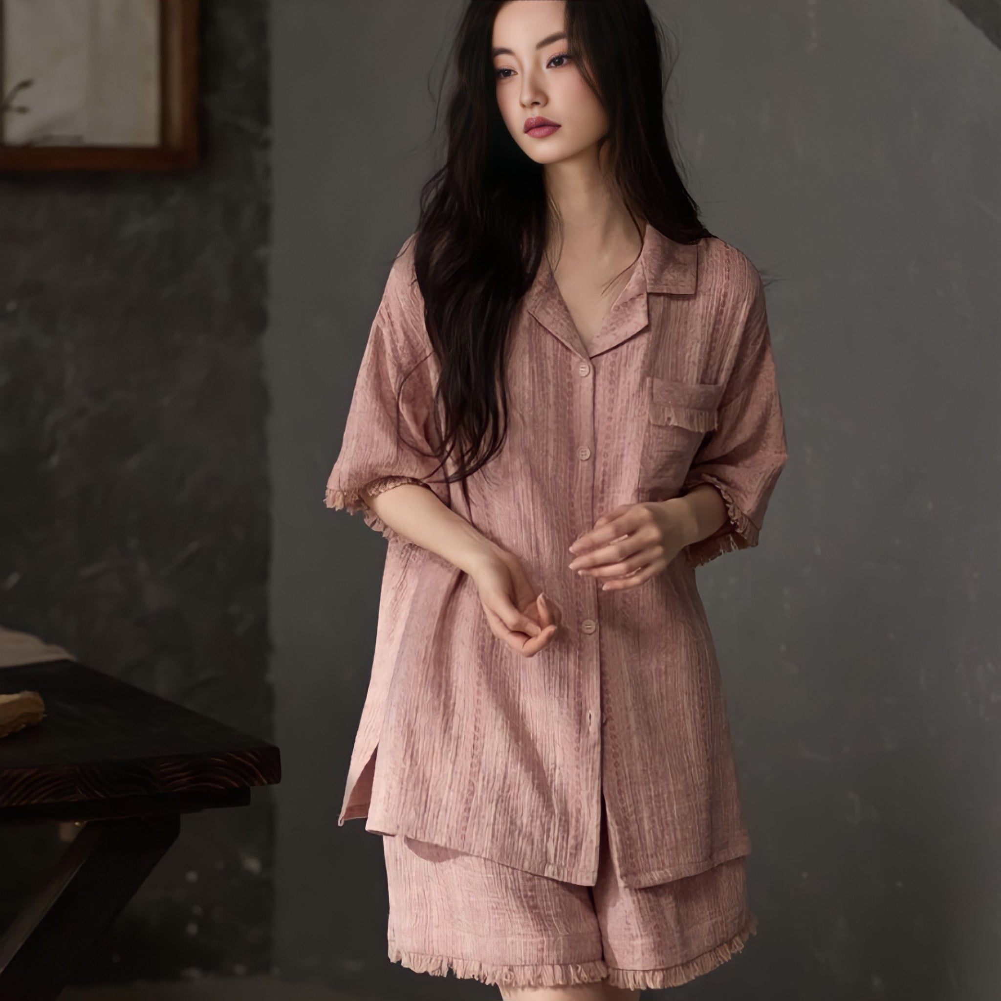 Pink Pure Cotton Gauze Pajamas with Cups