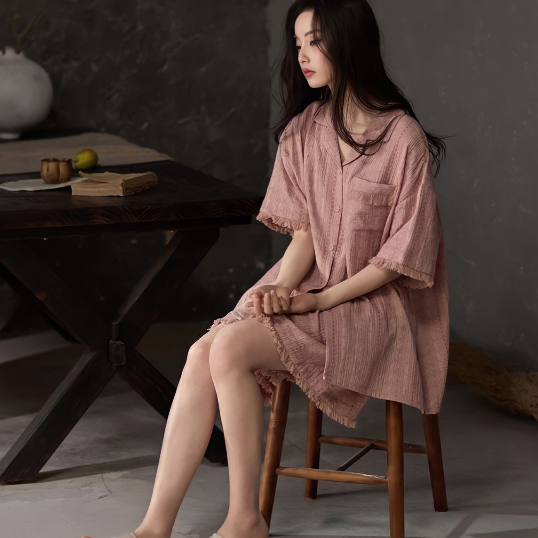 Pink Pure Cotton Gauze Pajamas with Cups
