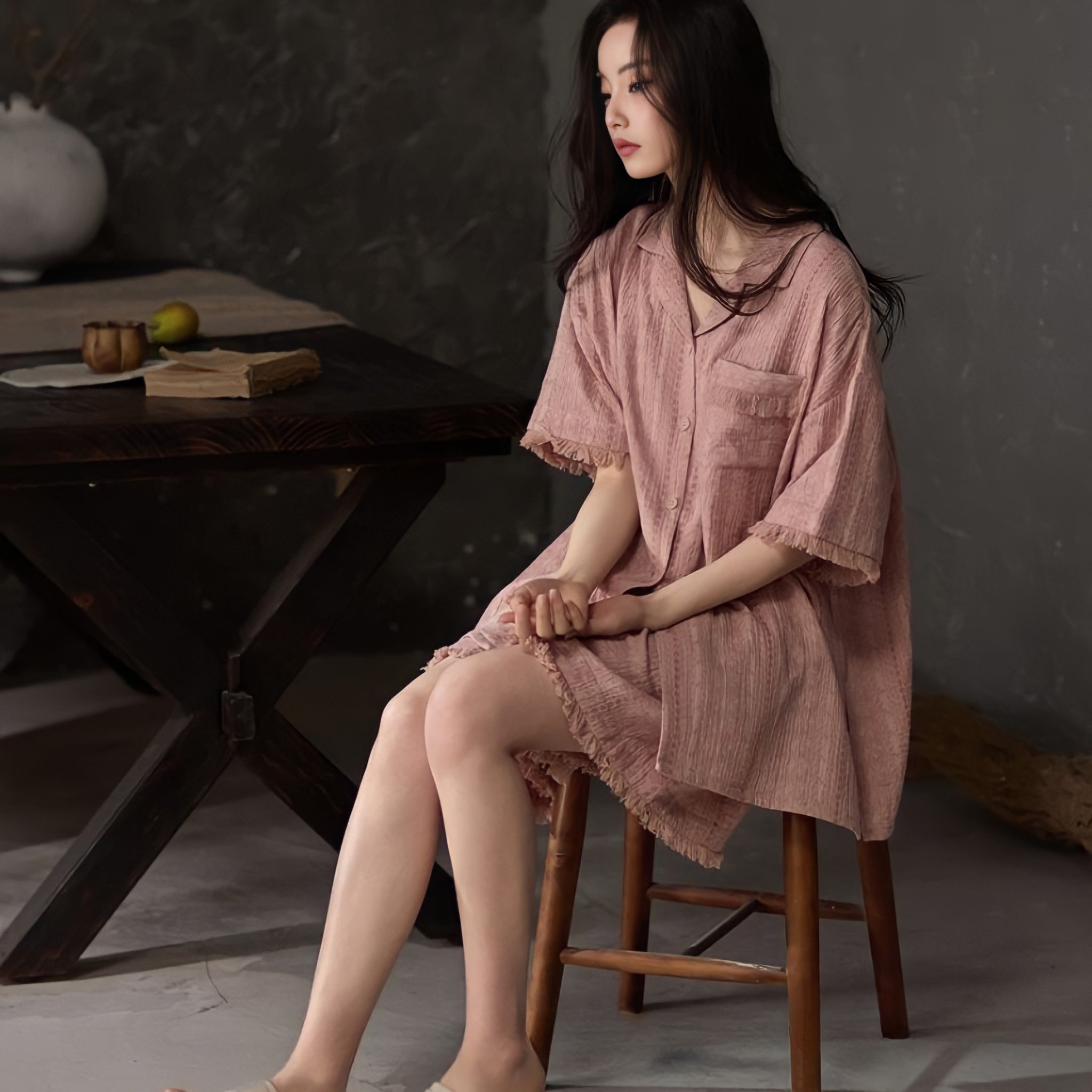 Pink Pure Cotton Gauze Pajamas with Cups