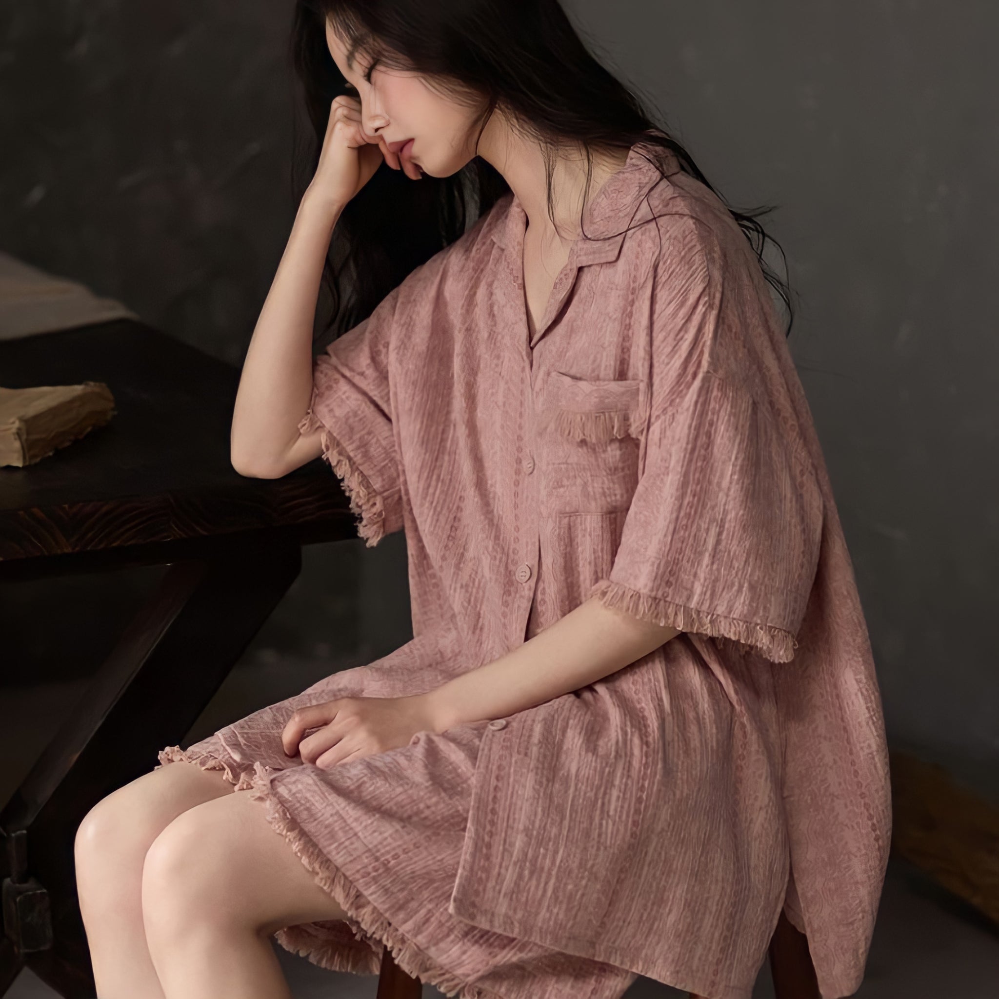 Pink Pure Cotton Gauze Pajamas with Cups