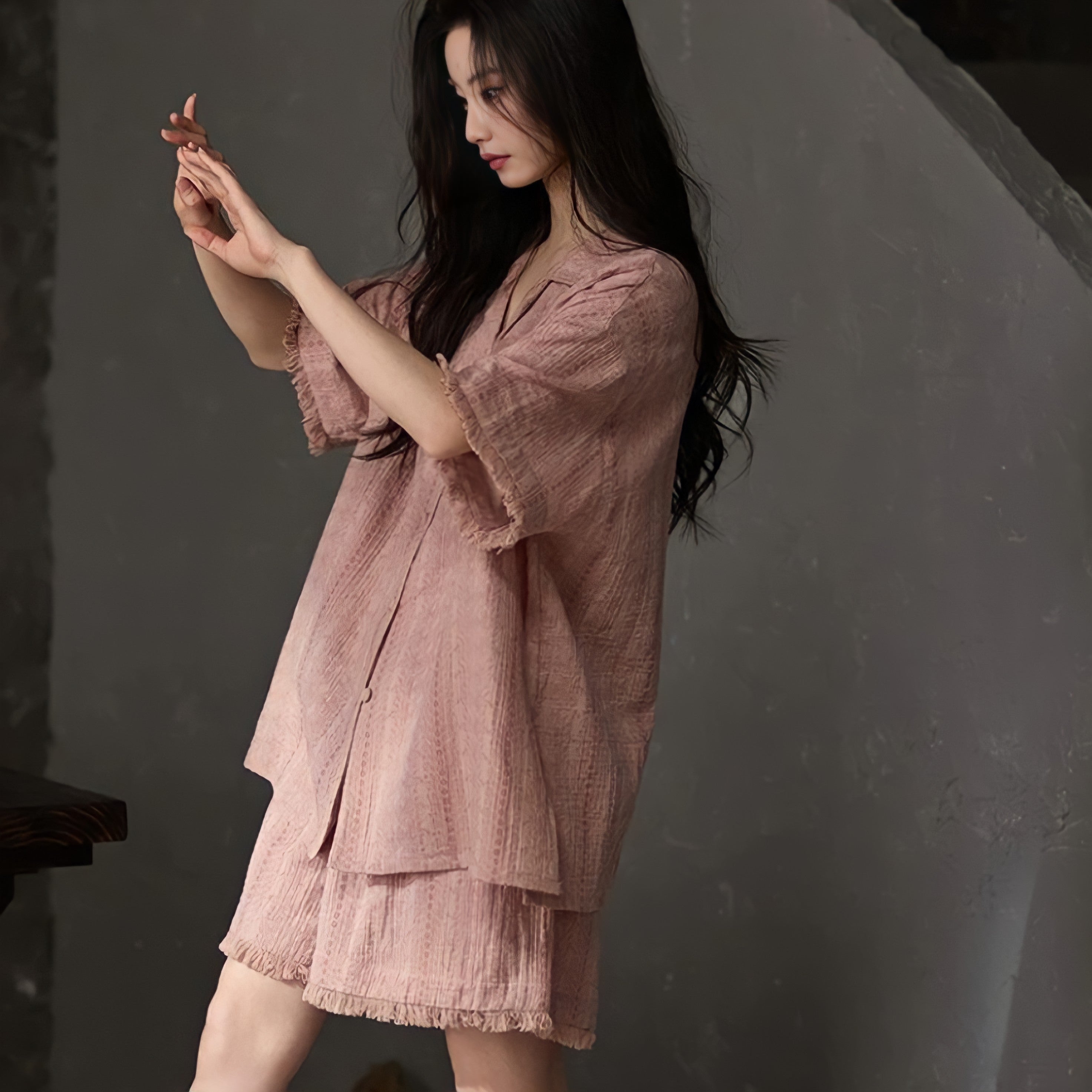 Pink Pure Cotton Gauze Pajamas with Cups