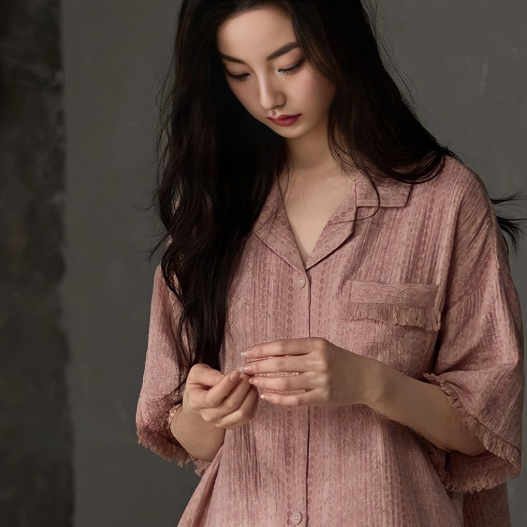 Pink Pure Cotton Gauze Pajamas with Cups
