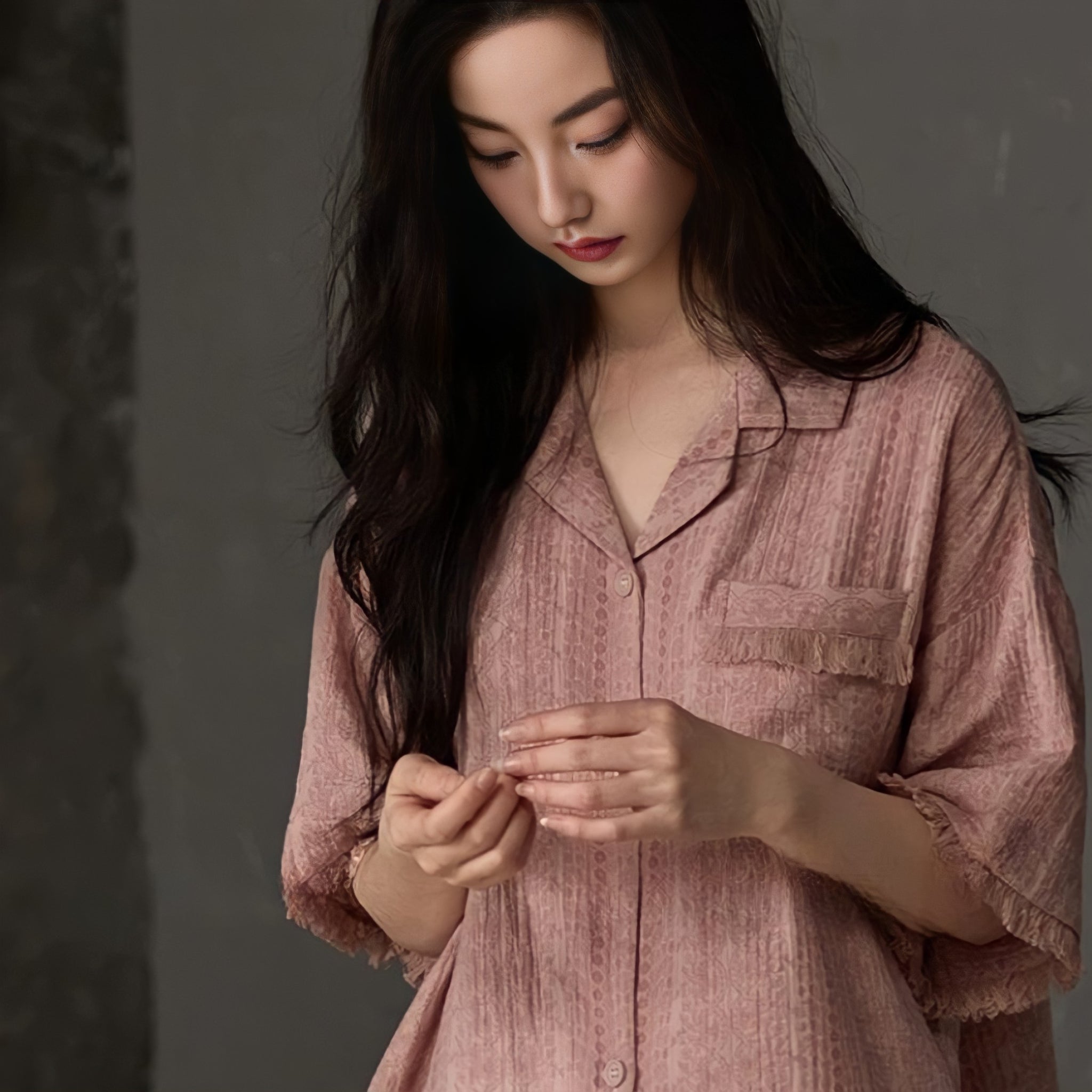Pink Pure Cotton Gauze Pajamas with Cups
