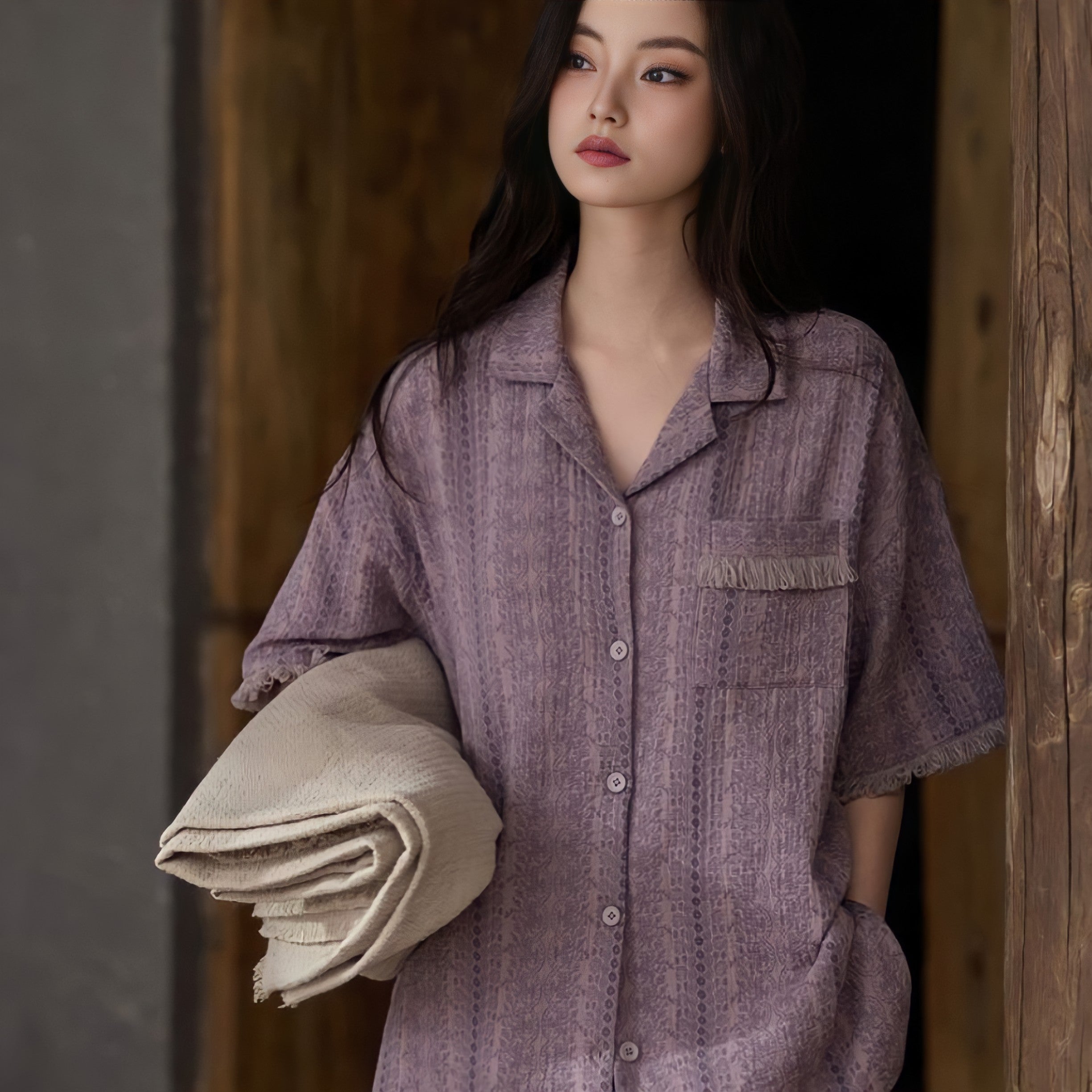Pure Cotton Gauze Pajamas with Cups - Purple