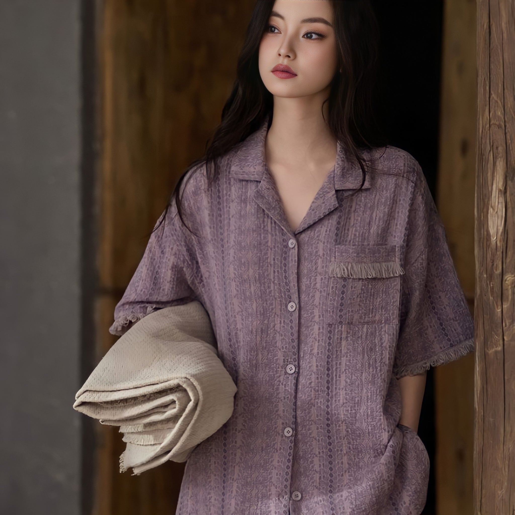 Pure Cotton Gauze Pajamas with Cups - Purple
