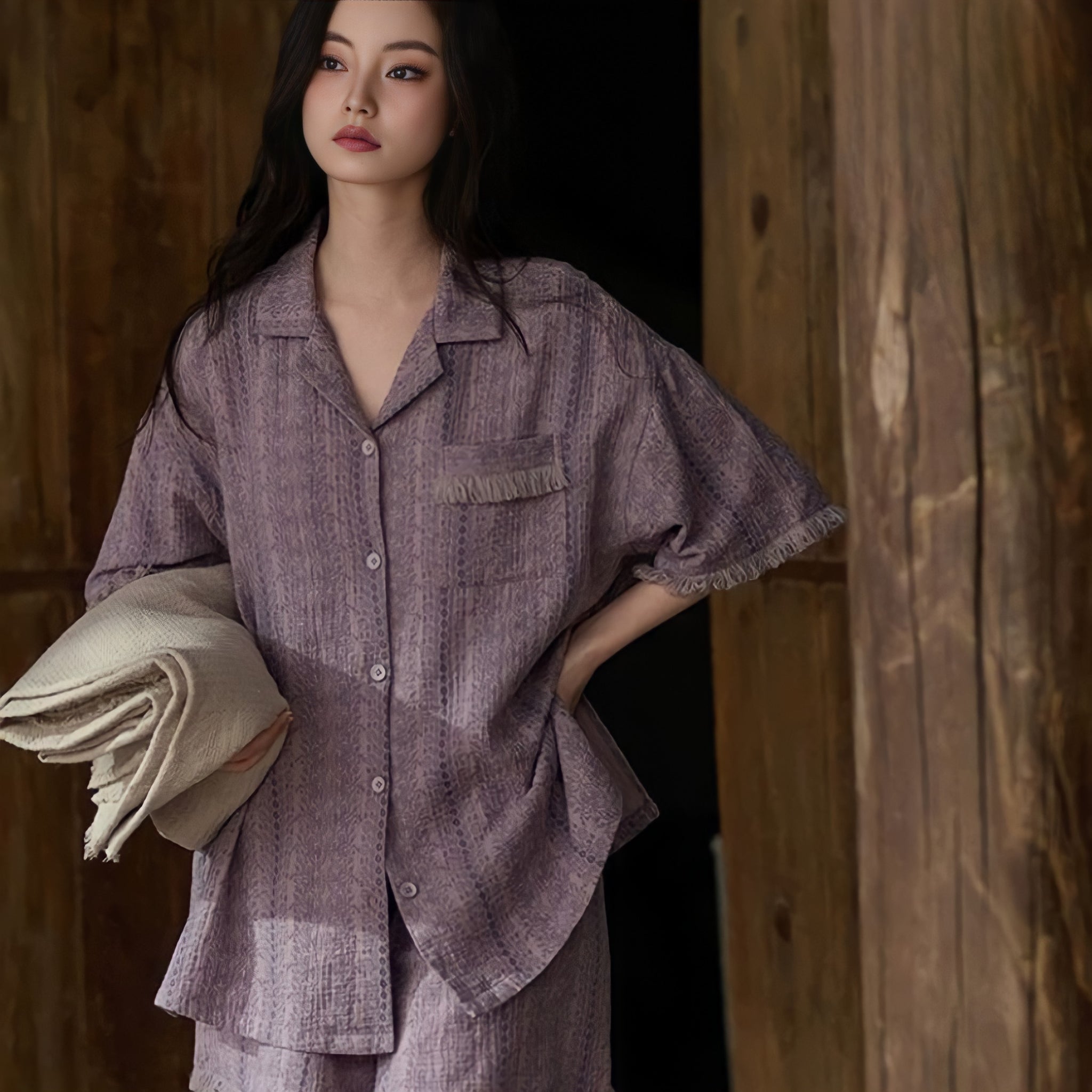 Pure Cotton Gauze Pajamas with Cups - Purple