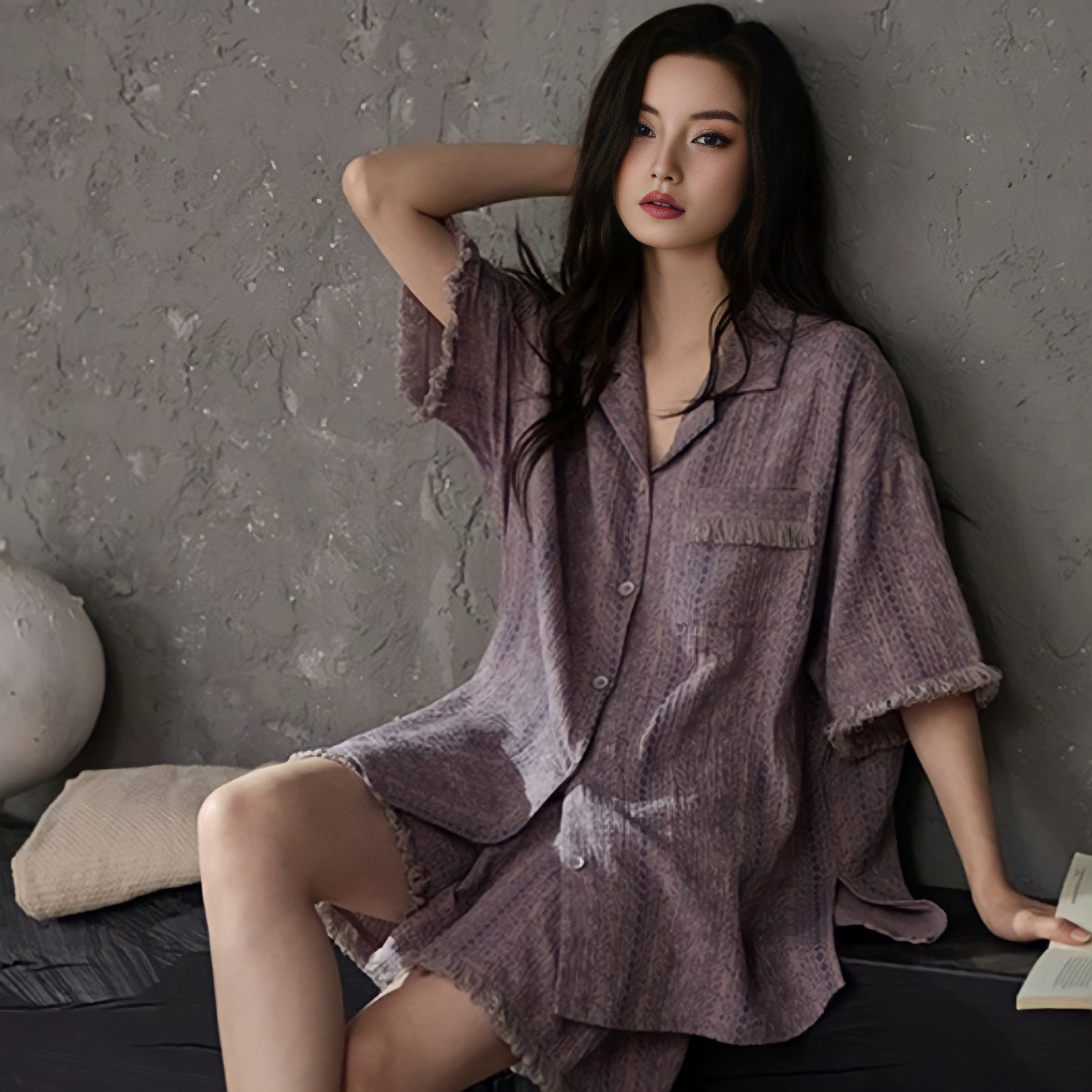 Pure Cotton Gauze Pajamas with Cups - Purple