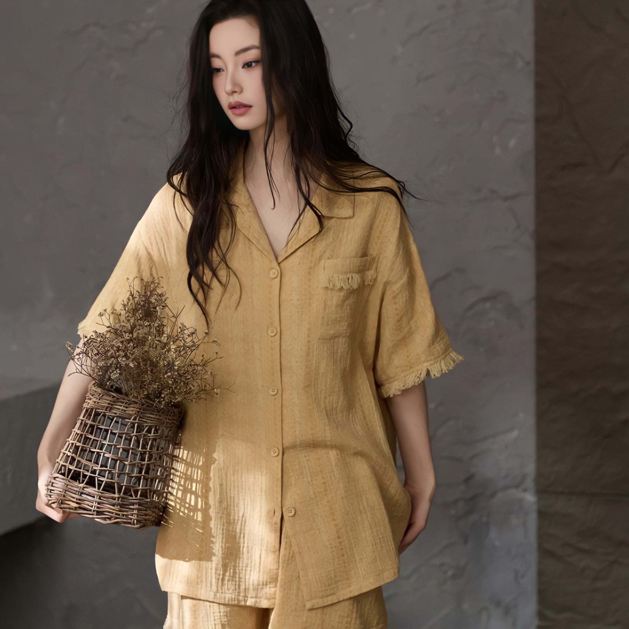 Cup-Attached Pure Cotton Gauze Pajamas - Yellow