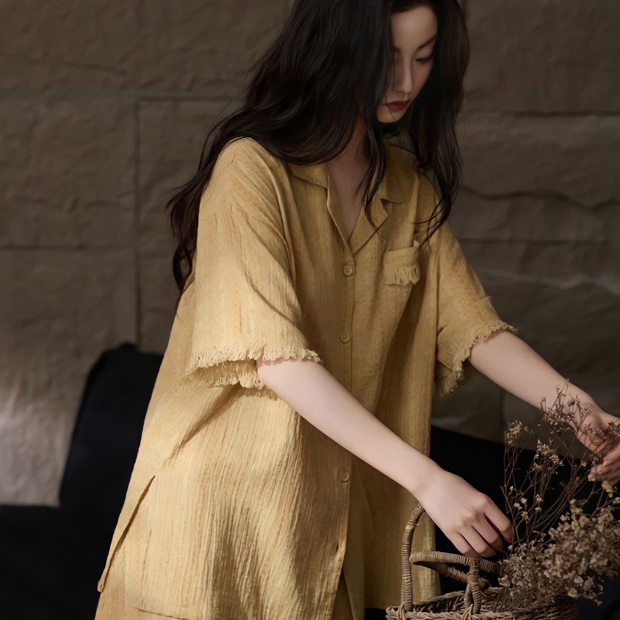 Cup-Attached Pure Cotton Gauze Pajamas - Yellow
