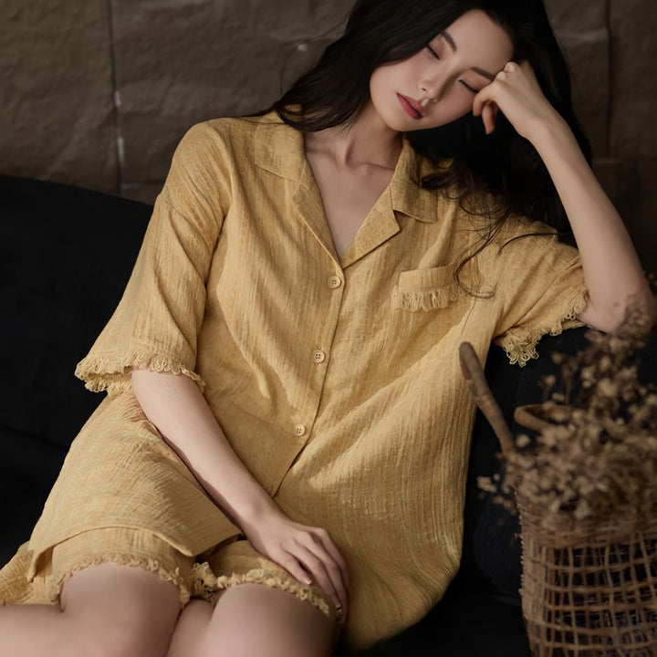 Cup-Attached Pure Cotton Gauze Pajamas - Yellow