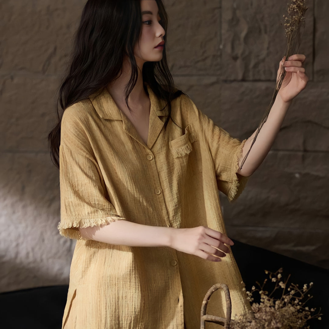 Cup-Attached Pure Cotton Gauze Pajamas - Yellow