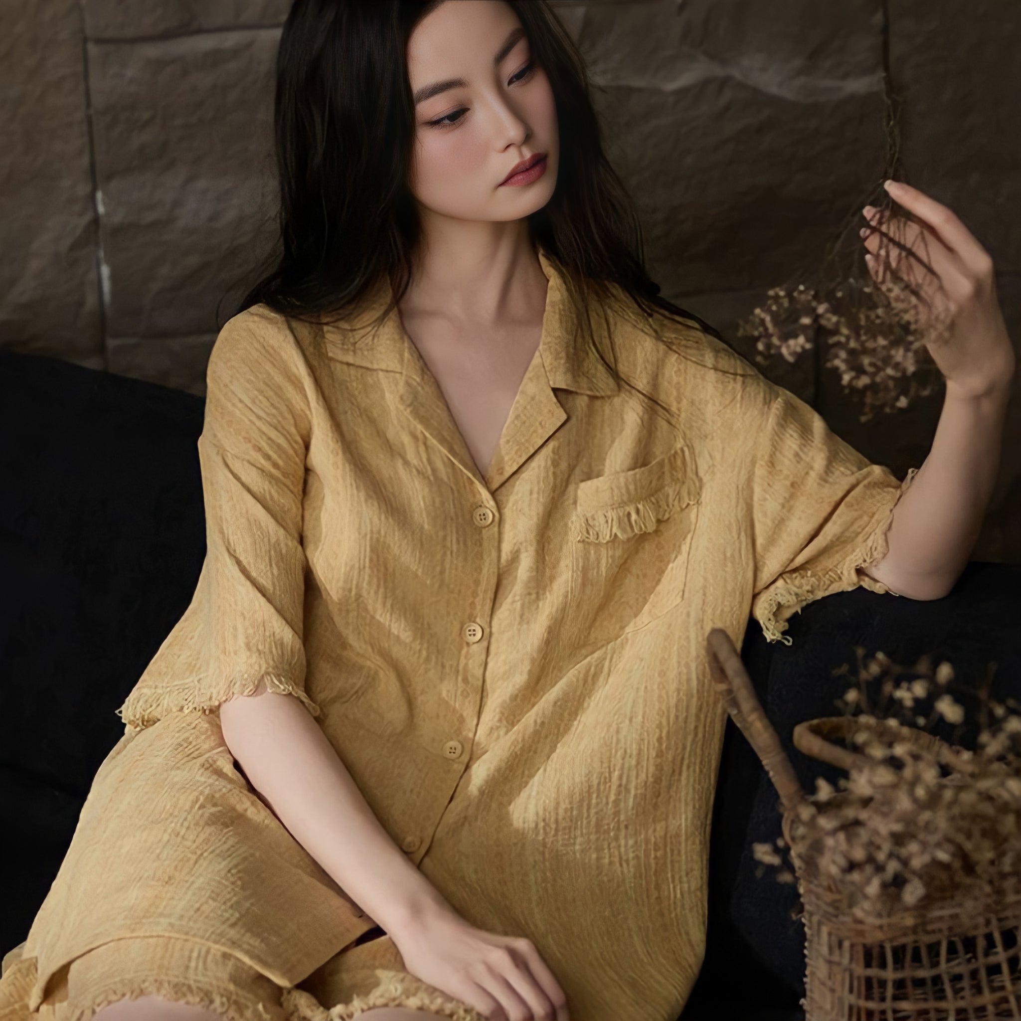 Cup-Attached Pure Cotton Gauze Pajamas - Yellow