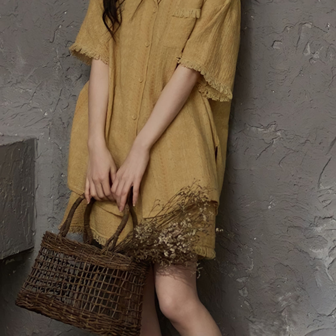 Cup-Attached Pure Cotton Gauze Pajamas - Yellow