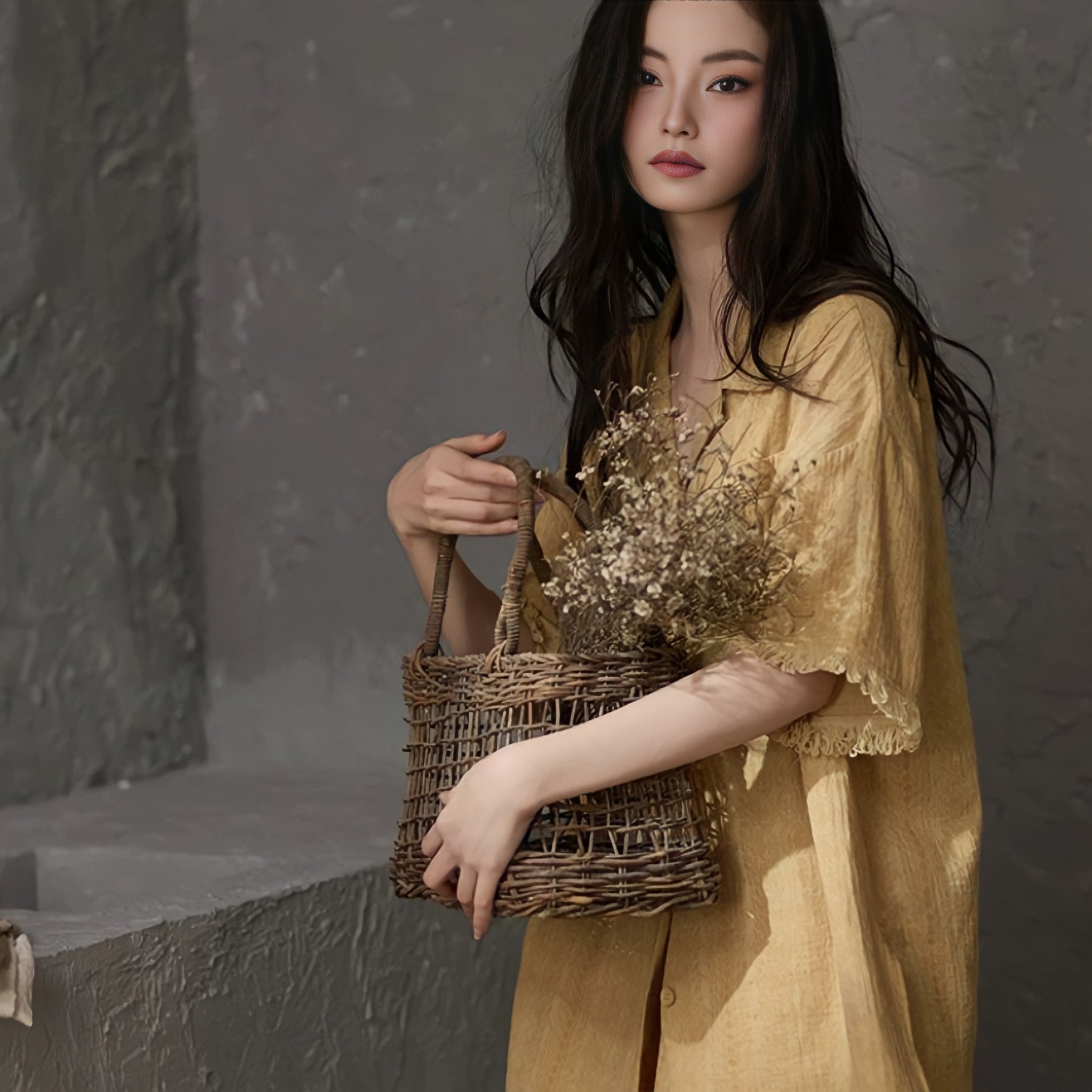 Cup-Attached Pure Cotton Gauze Pajamas - Yellow