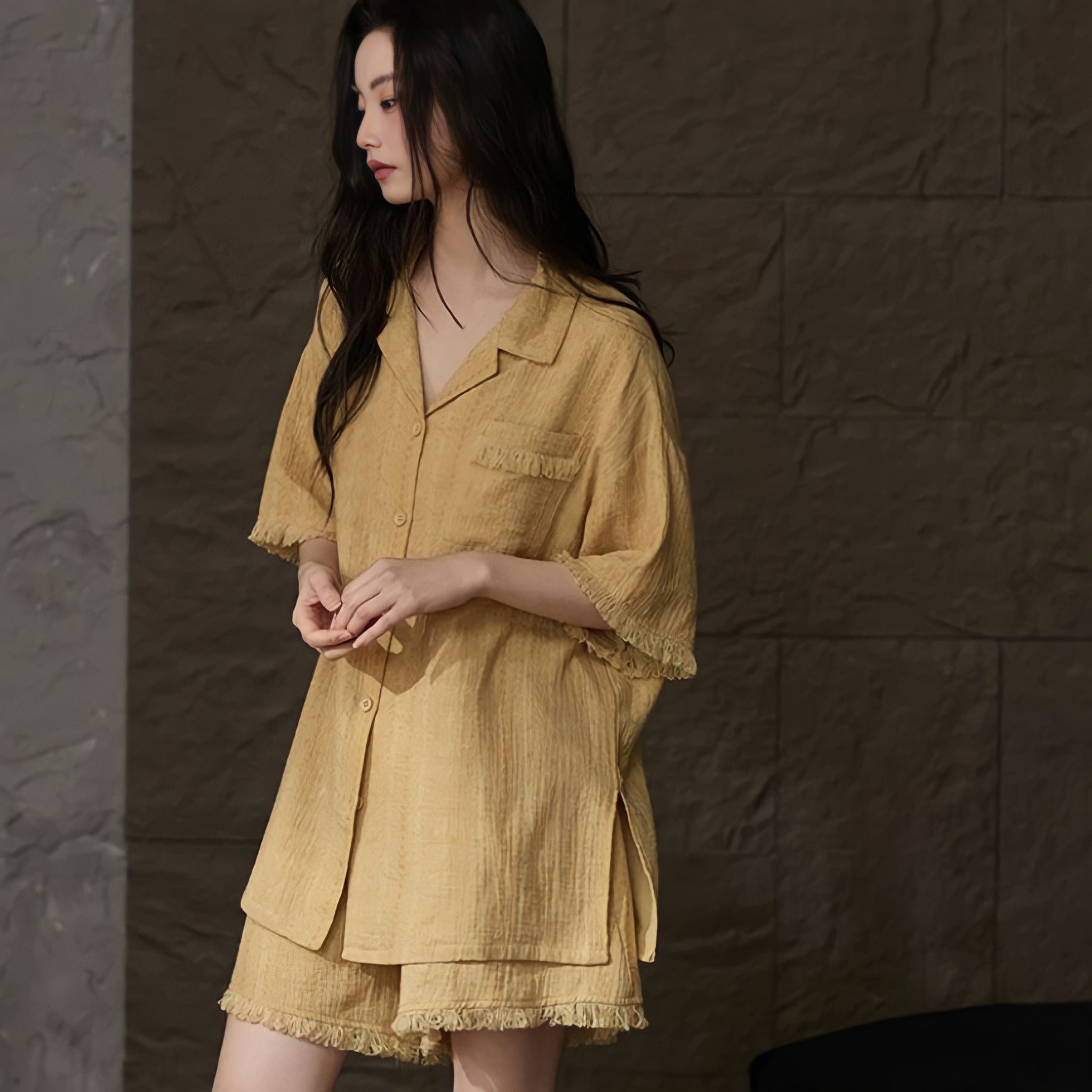 Cup-Attached Pure Cotton Gauze Pajamas - Yellow