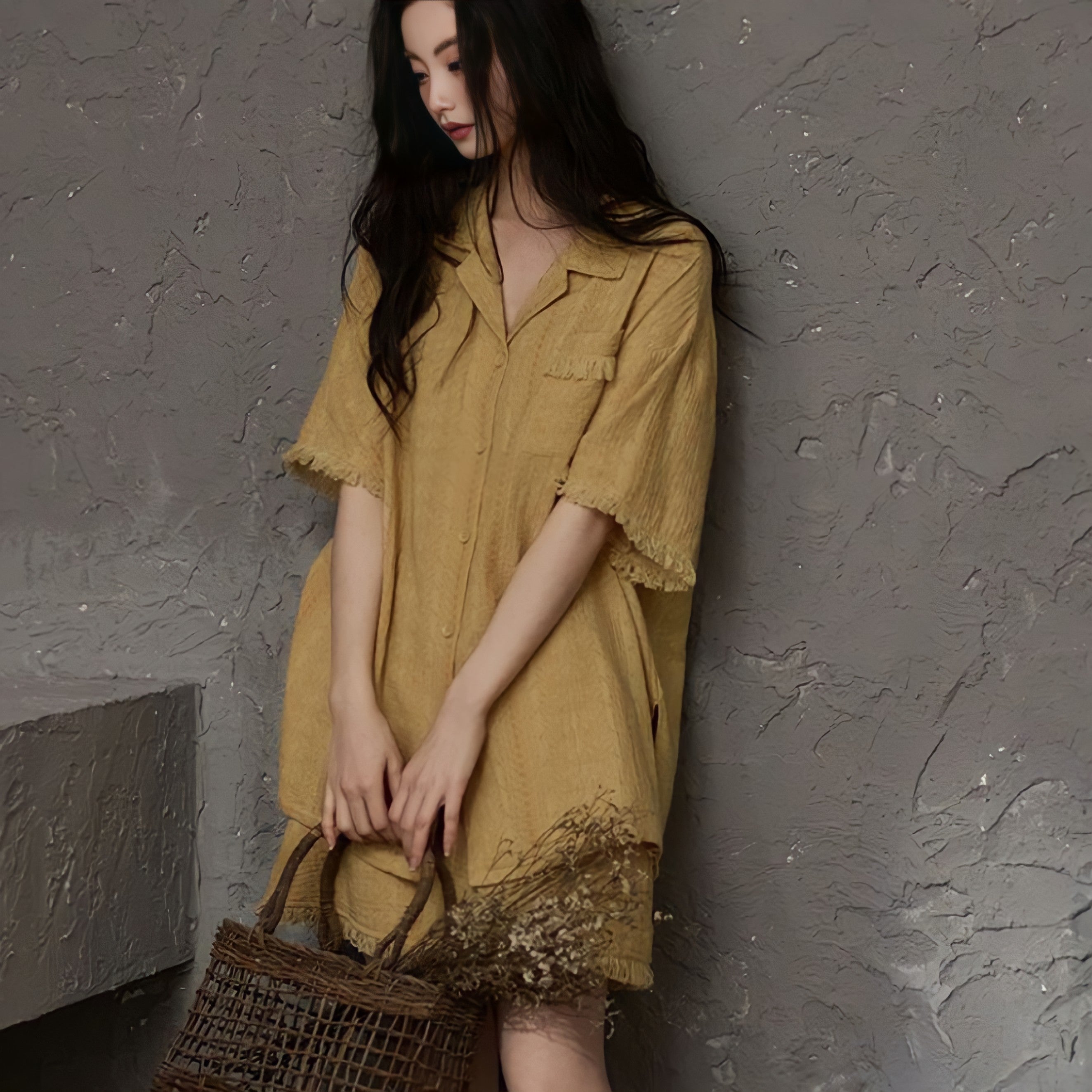 Cup-Attached Pure Cotton Gauze Pajamas - Yellow