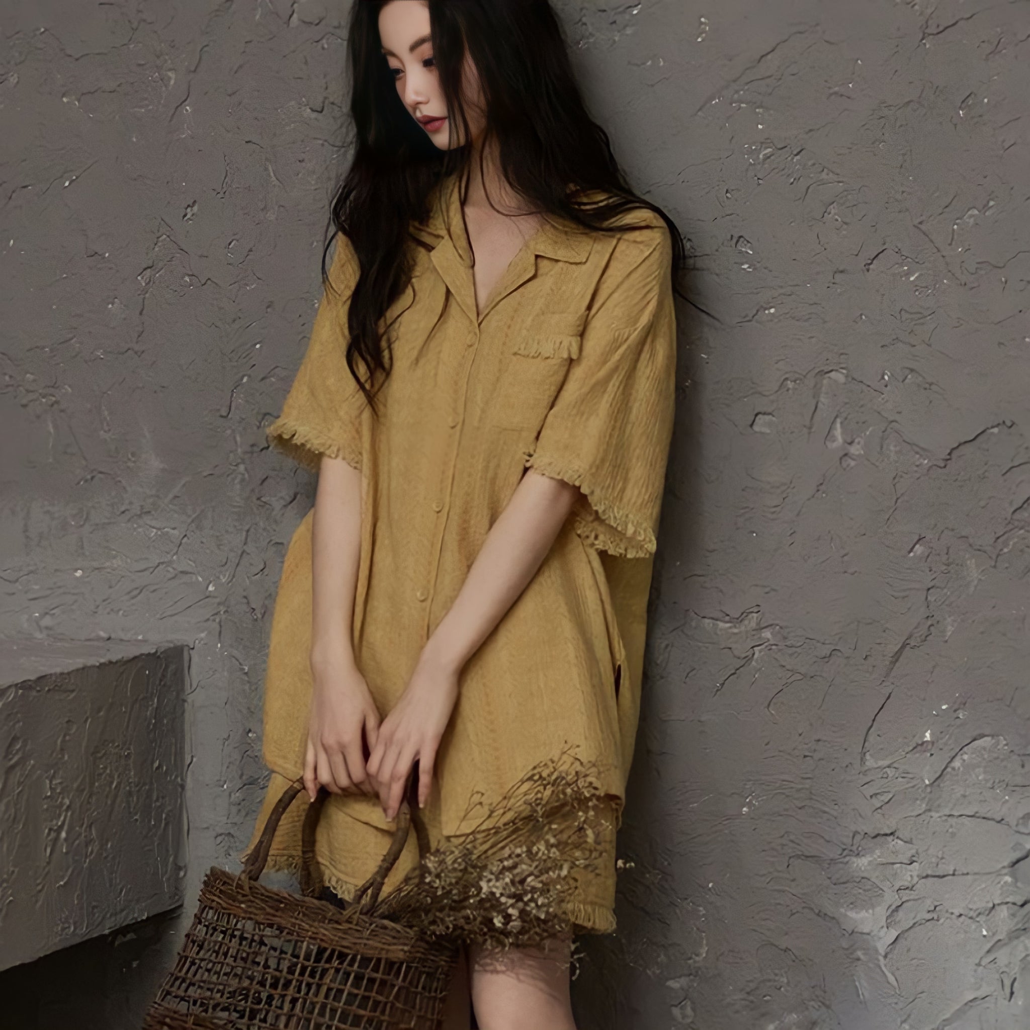 Cup-Attached Pure Cotton Gauze Pajamas - Yellow