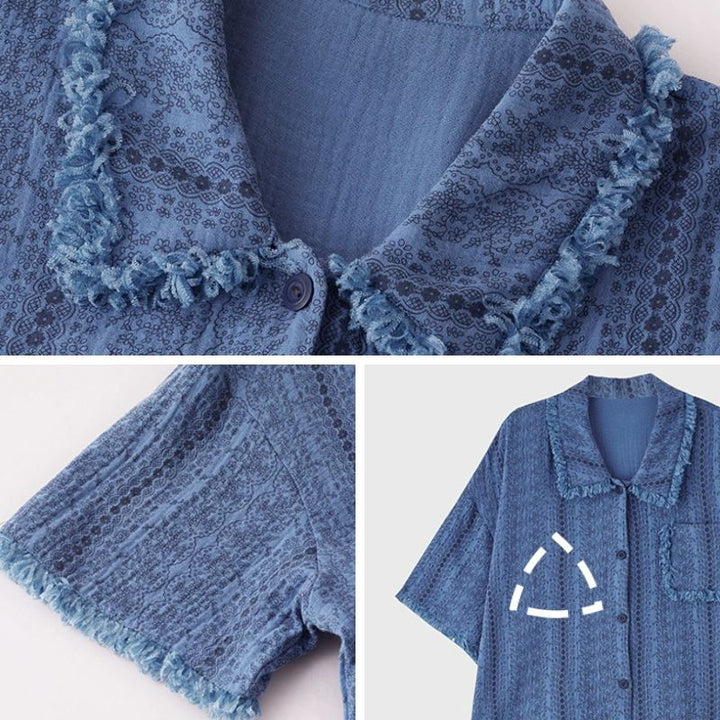 Pure Cotton Gauze Fringed Pajamas with Cups - Blue