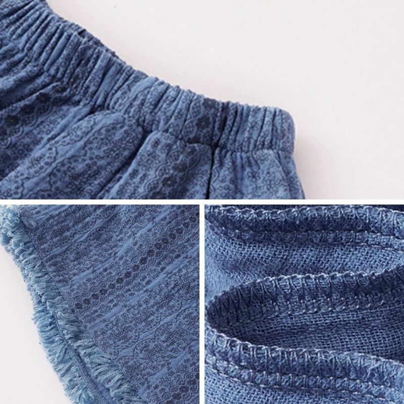 Pure Cotton Gauze Fringed Pajamas with Cups - Blue