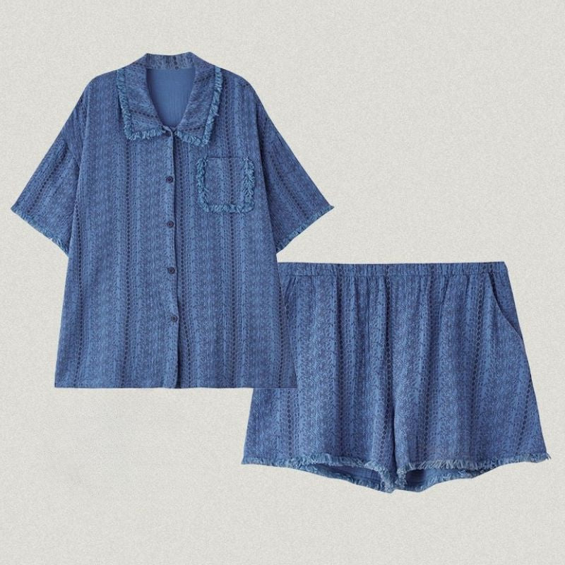 Pure Cotton Gauze Fringed Pajamas with Cups - Blue
