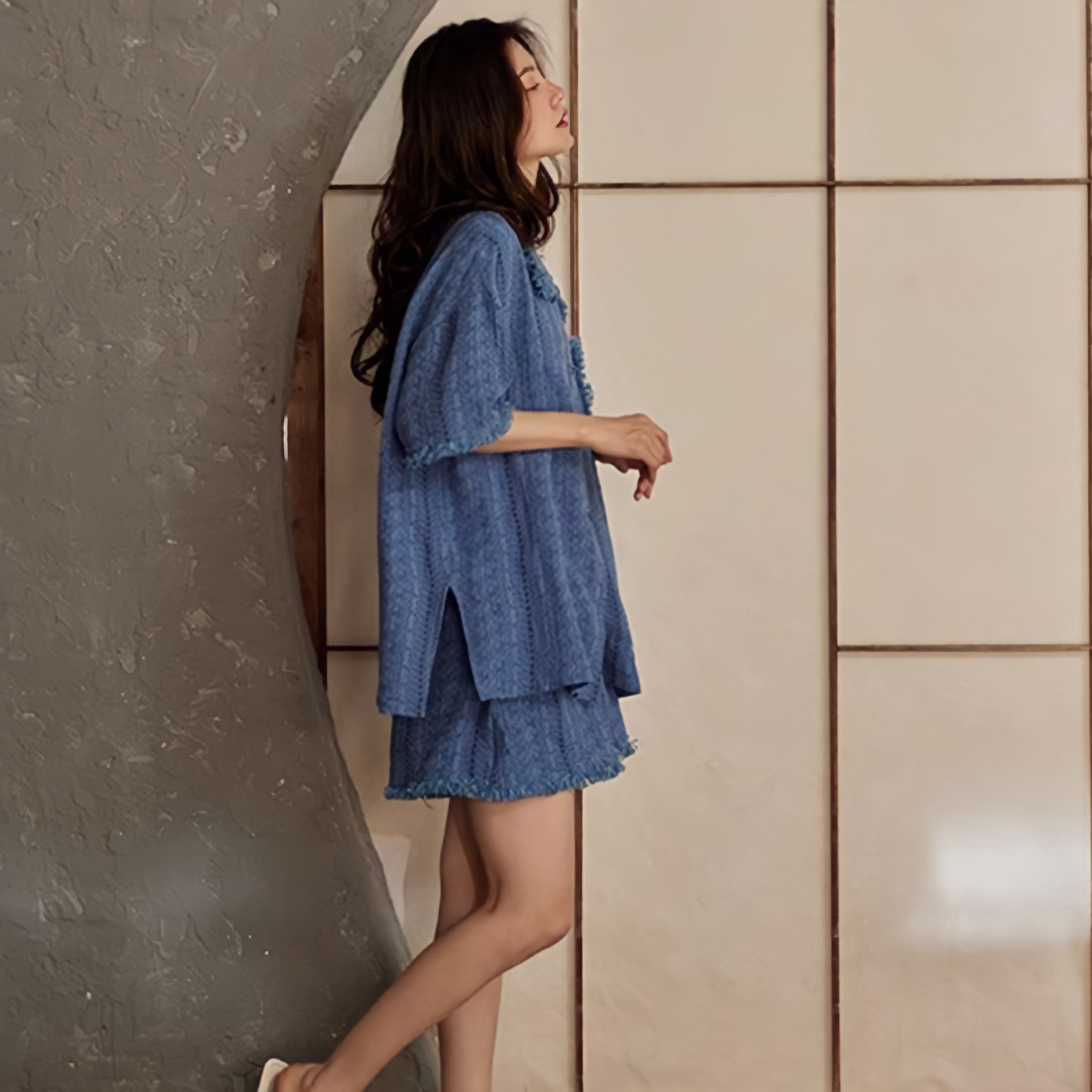 Pure Cotton Gauze Fringed Pajamas with Cups - Blue
