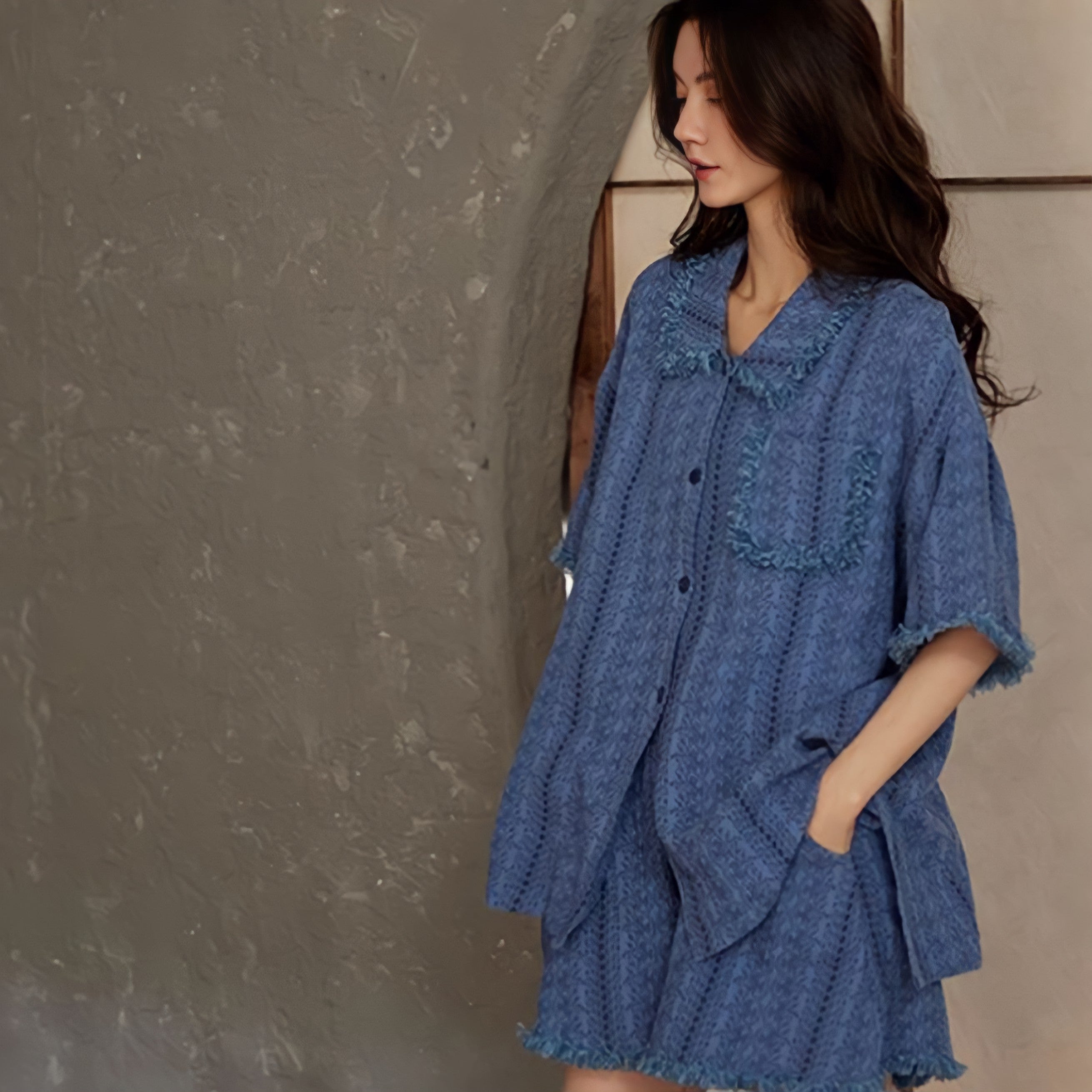 Pure Cotton Gauze Fringed Pajamas with Cups - Blue