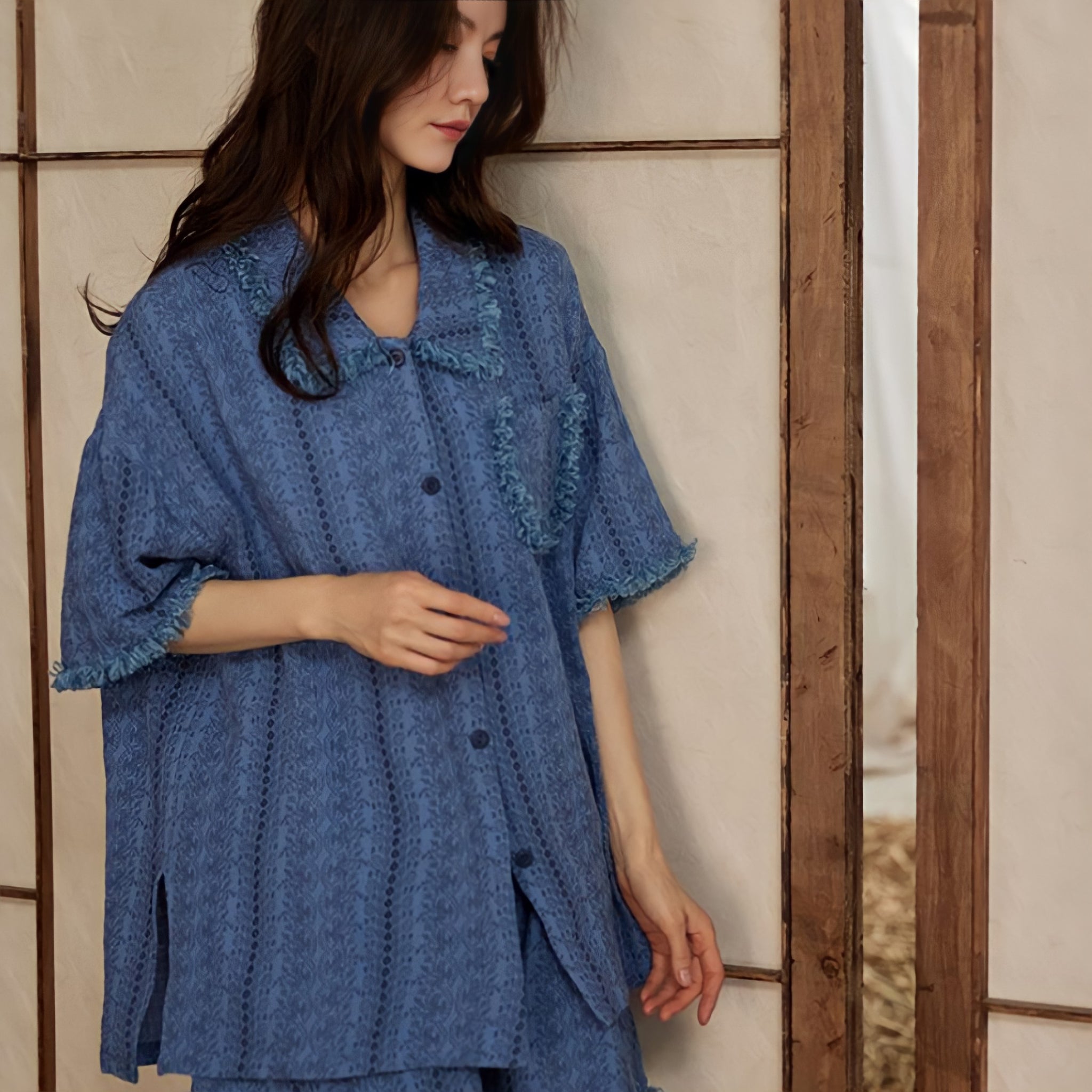 Pure Cotton Gauze Fringed Pajamas with Cups - Blue