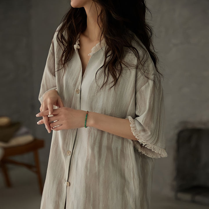 Fringe Trim Striped Pajamas with Cups
