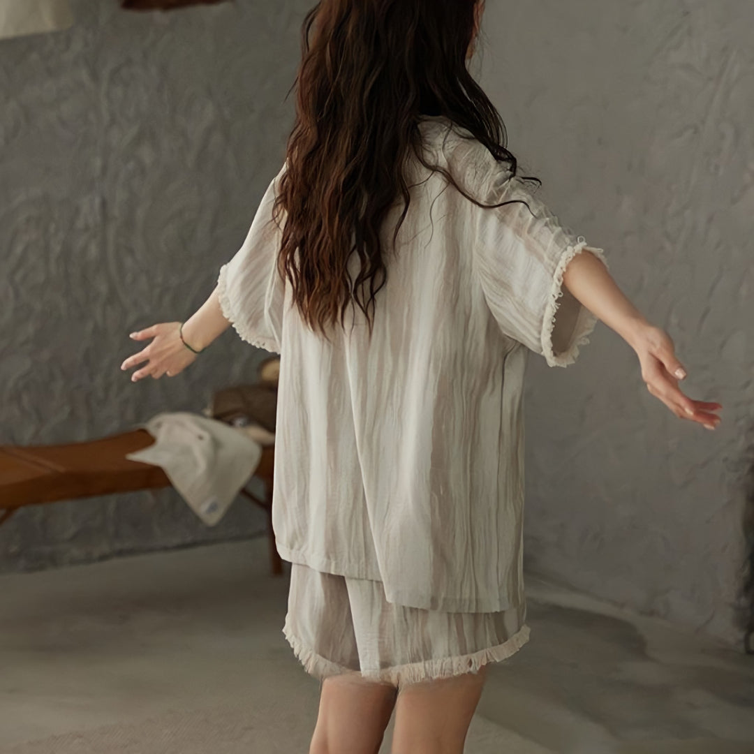 Fringe Trim Striped Pajamas with Cups