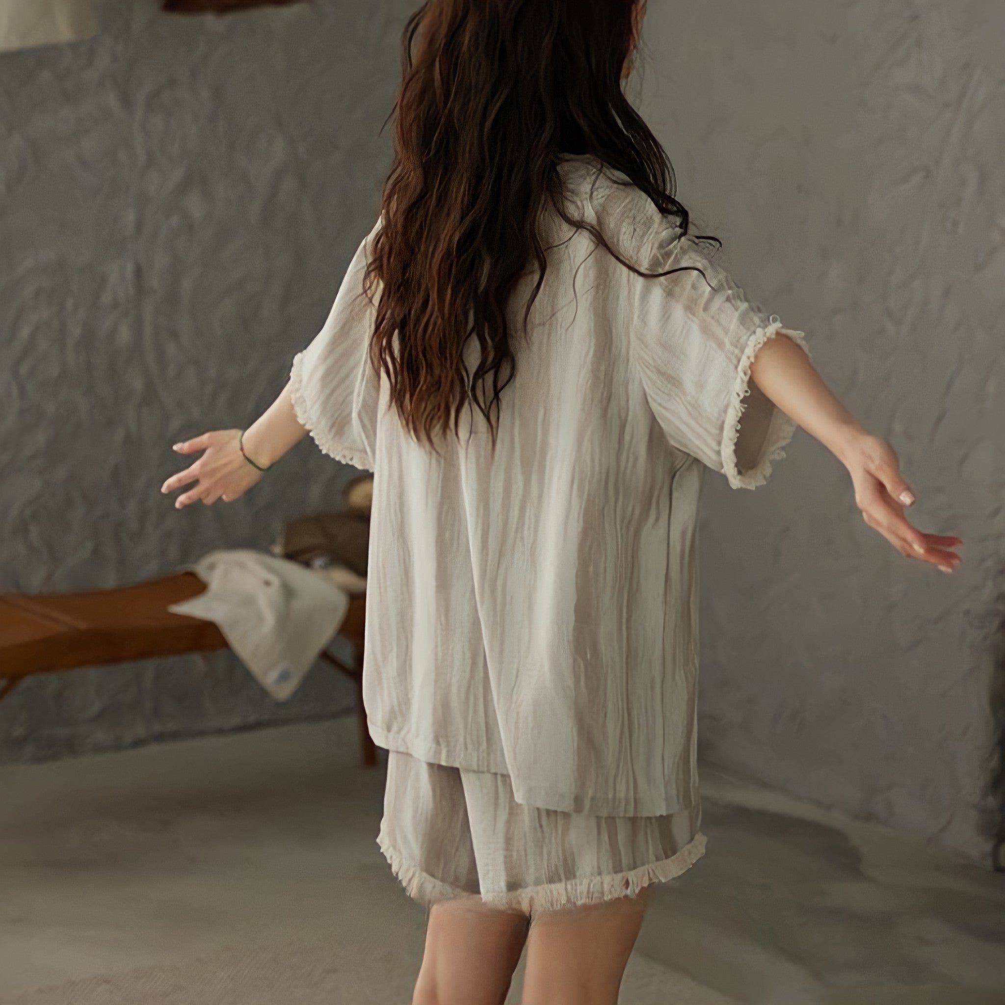 Fringe Trim Striped Pajamas with Cups