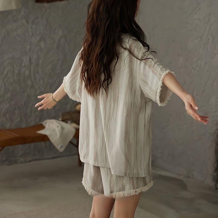 Fringe Trim Striped Pajamas with Cups