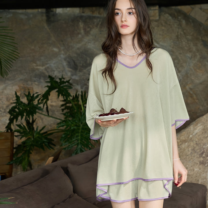 Purple Piping Two-Tone Loungewear with Built-in Bra Cups