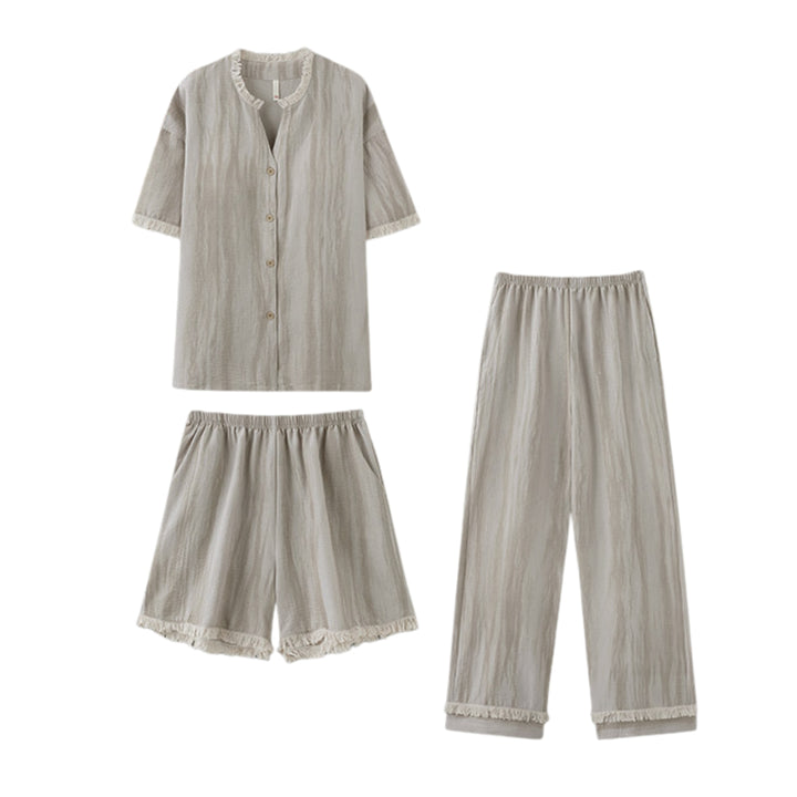 Fringe Trim Striped Pajamas with Cups