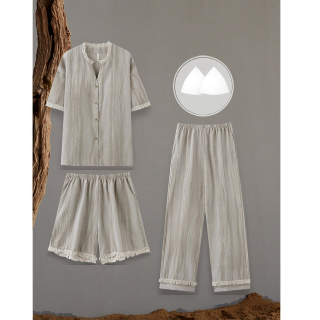 Faded Stripe Pajamas with Built-in Bra and Fringe Hem
