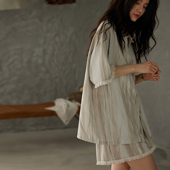 Faded Stripe Pajamas with Built-in Bra and Fringe Hem