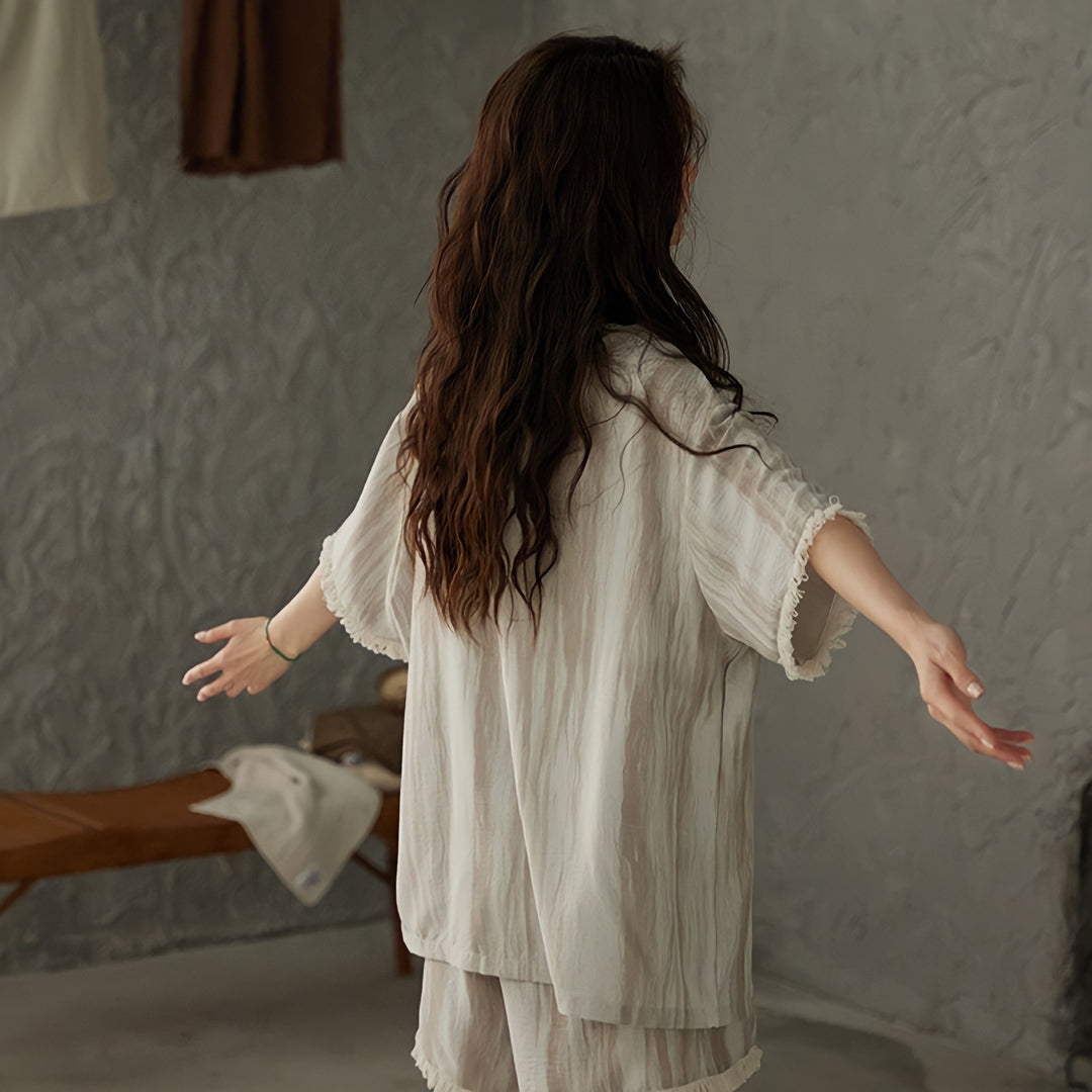 Faded Stripe Pajamas with Built-in Bra and Fringe Hem