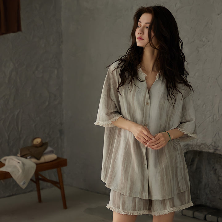 Faded Stripe Pajamas with Built-in Bra and Fringe Hem