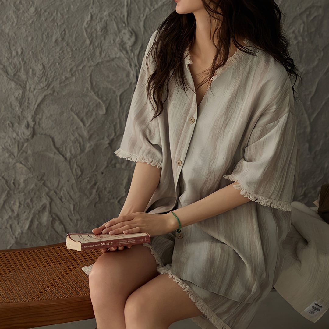 Faded Stripe Pajamas with Built-in Bra and Fringe Hem